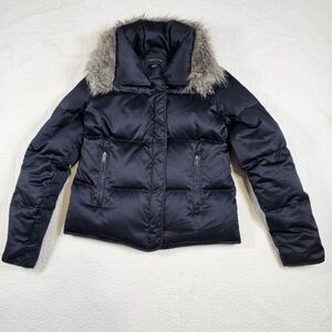 Ann Taylor Iridescent Navy Down Puffer Jacket with Removable Faux Fur Collar